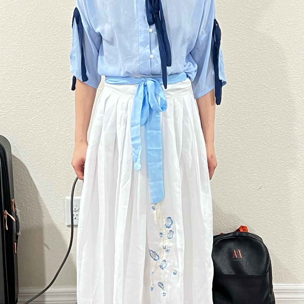 Elegant White Skirt with Blue Short Sleeve Shirt Set
